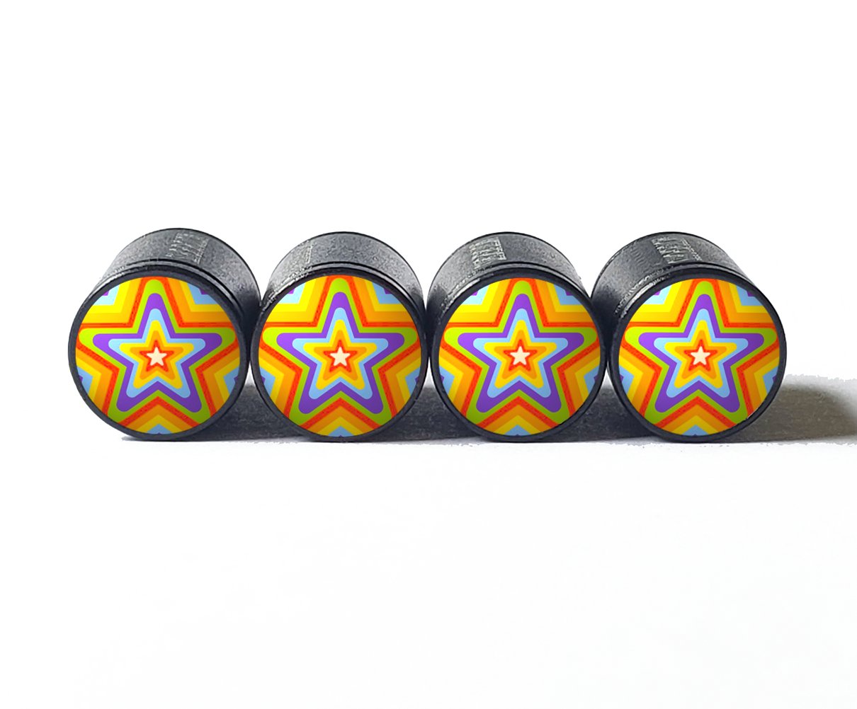 Colorful Stars Tire Valve Stem Caps - Black Aluminum - Set of Four