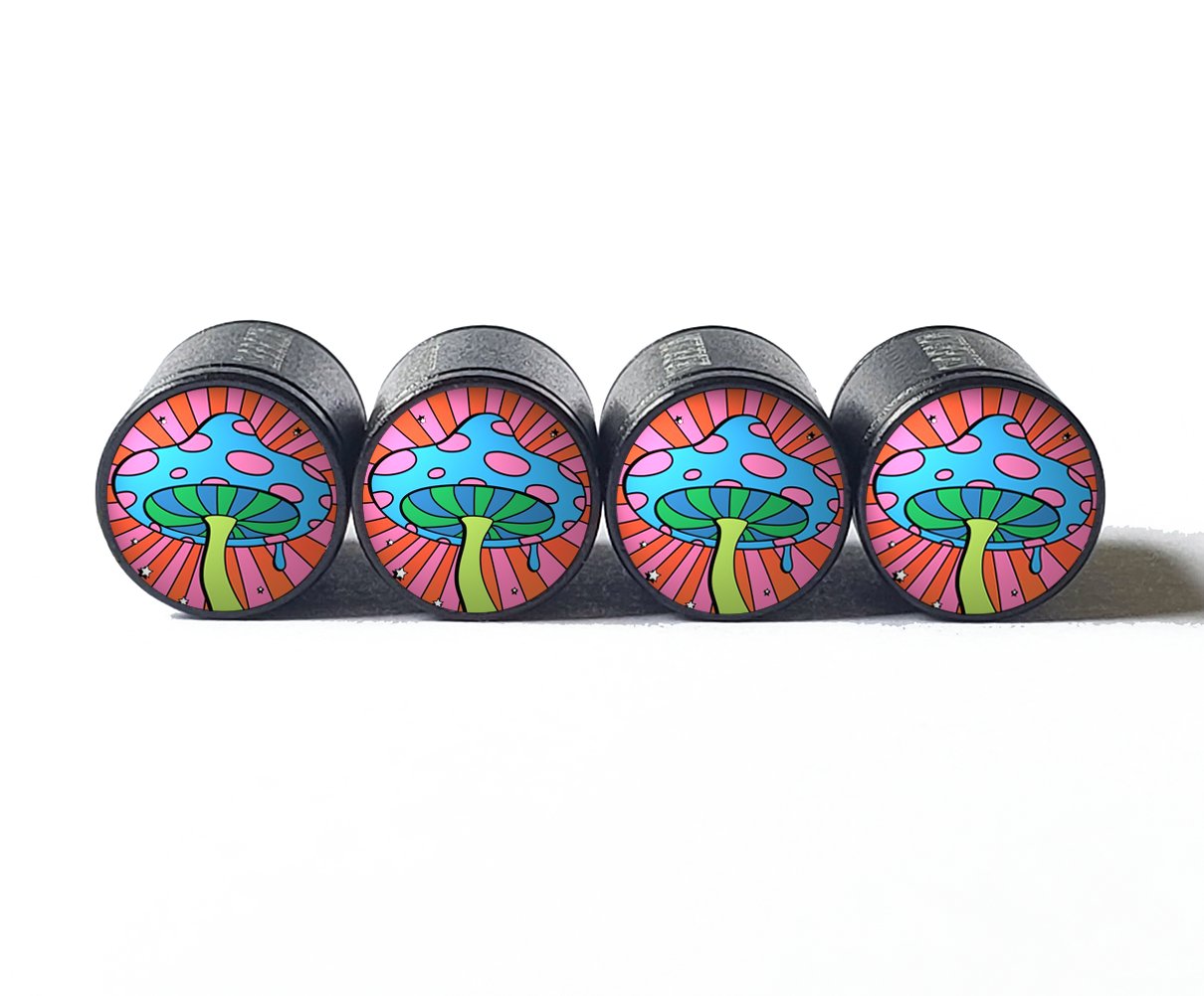 Colorful Trippy Mushroom Tire Valve Caps - Black Aluminum - Set of 4