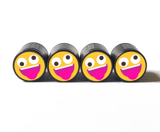 Crazy Eyes Zany Face Emoji Tire Valve Caps - Black Aluminum - Set of Four