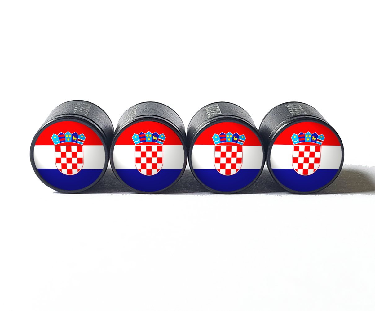 Croatia Flag Tire Valve Stem Caps - Black Aluminum - Set of Four