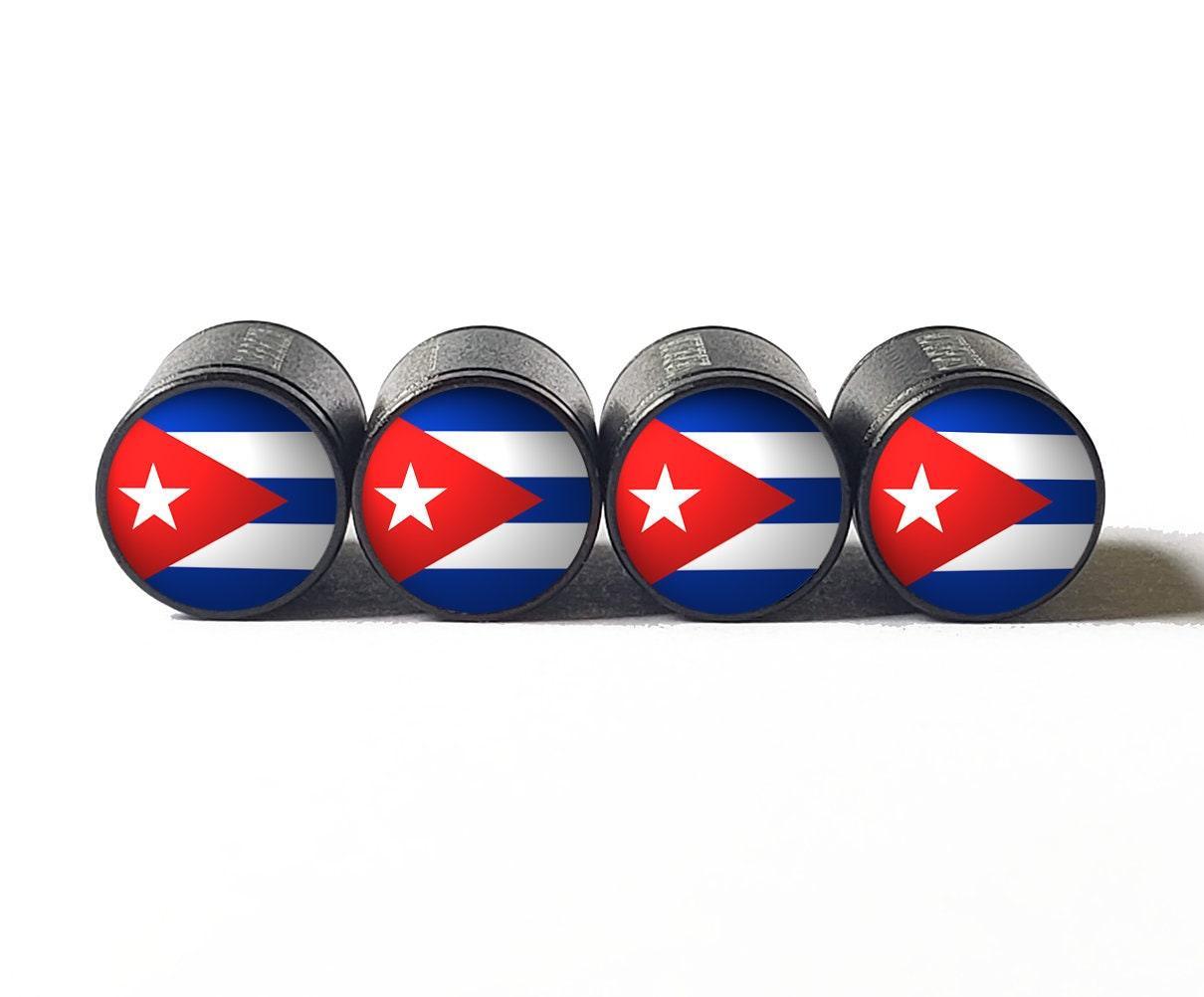 Cuba Flag Tire Valve Stem Caps - Black Aluminum - Set of Four