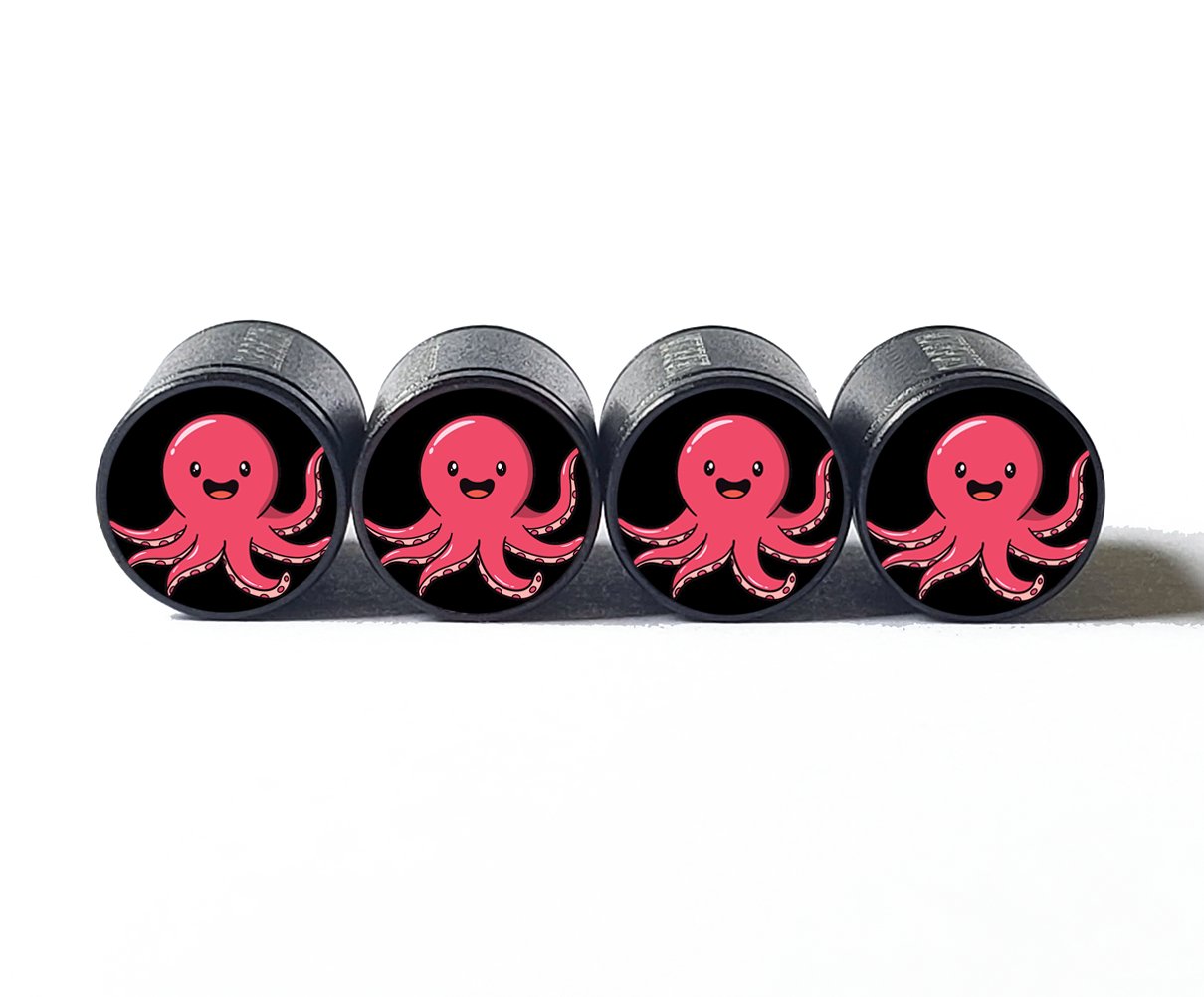 Cute Cartoon Octopus Tire Valve Caps - Black Aluminum - Set of Four