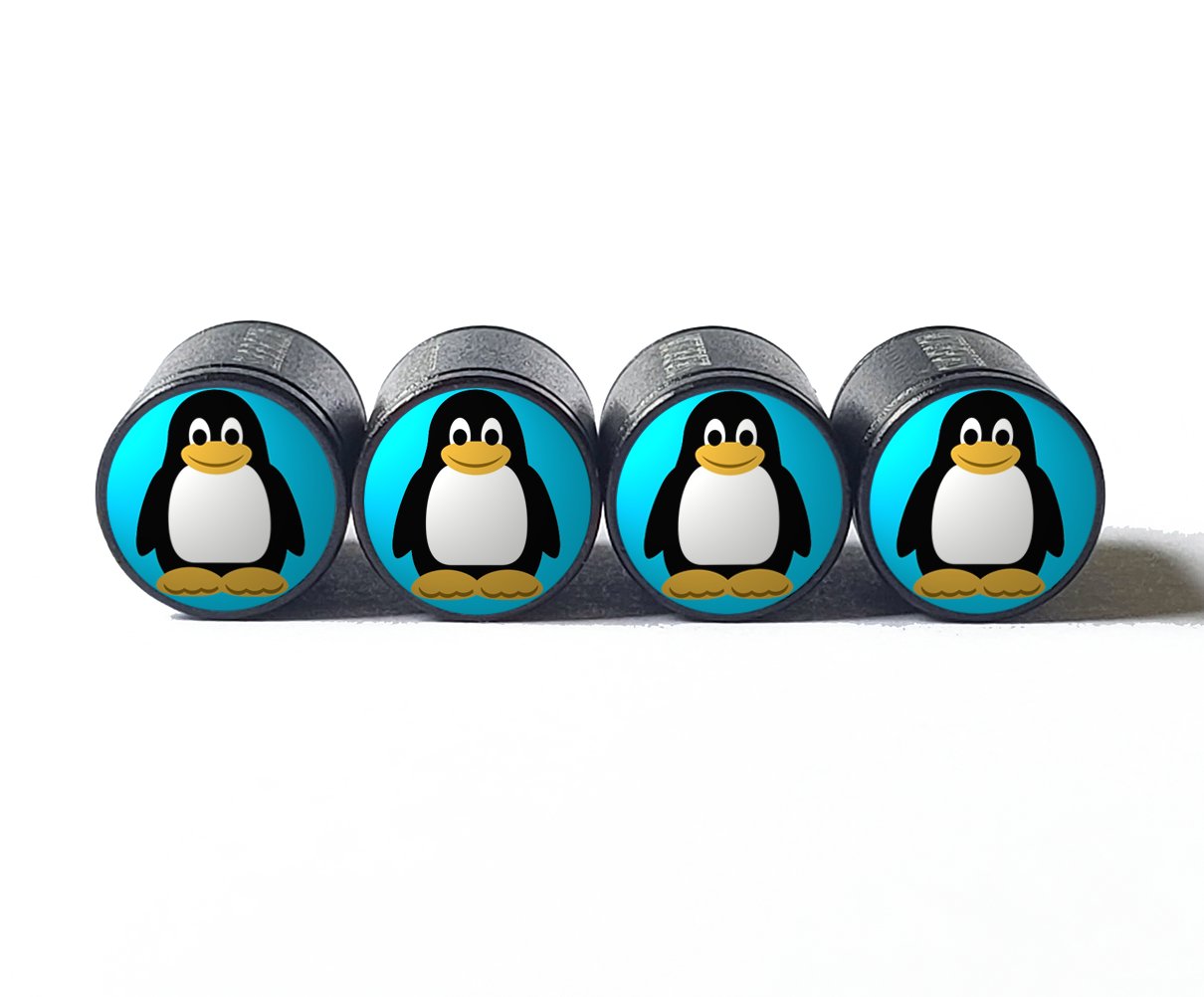 Cute Cartoon Penguin Tire Valve Caps - Black Aluminum - Set of Four