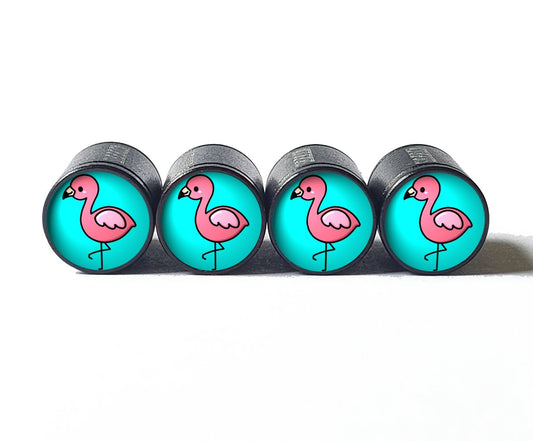 Cute Pink Flamingo Tire Valve Caps - Black Aluminum - Set of Four