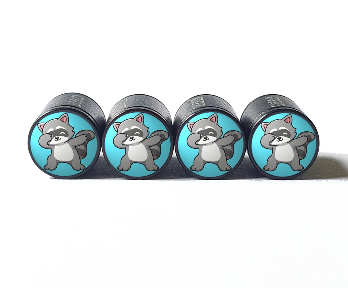 Dabbing Cartoon Racoon Tire Valve Caps - Black Aluminum - Set of Four