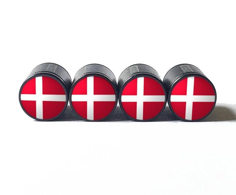 Denmark Flag Tire Valve Stem Caps - Black Aluminum - Set of Four