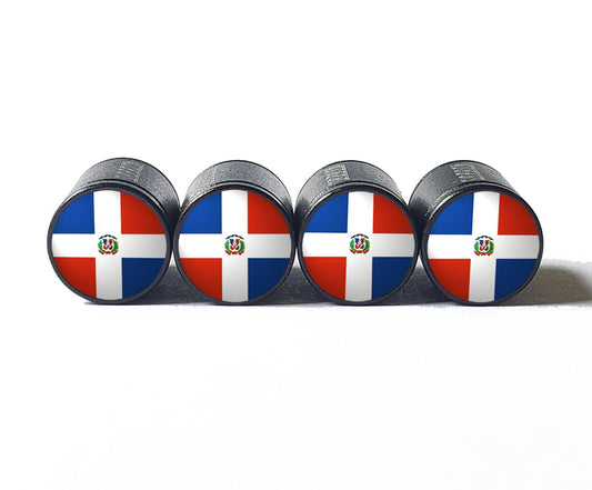 Dominican Republic Flag Tire Valve Stem Caps - Black Aluminum - Set of Four