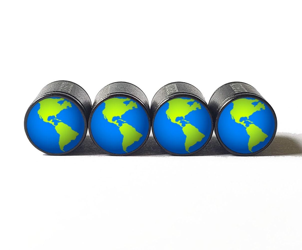 Earth World Planet Emoji Tire Valve Caps - Black Aluminum - Set of 4