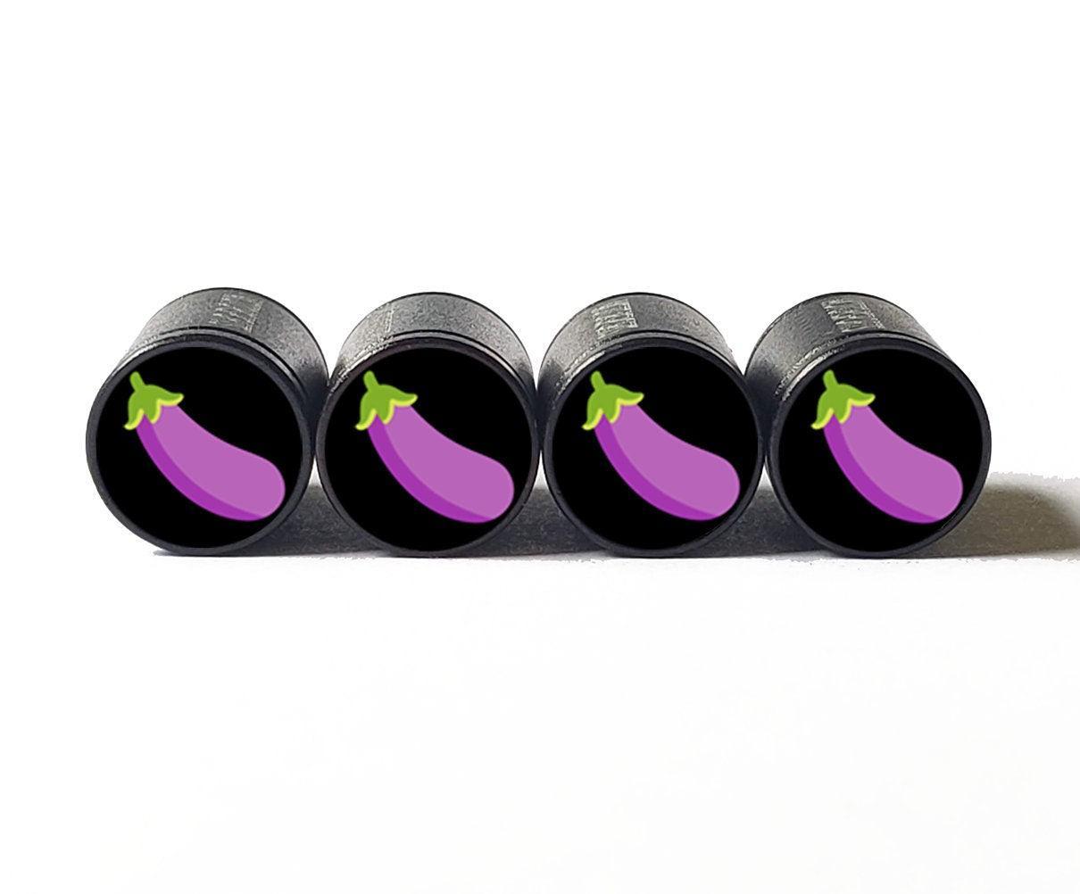 Eggplant Emoji Tire Valve Stem Caps - Black Aluminum - Set of Four