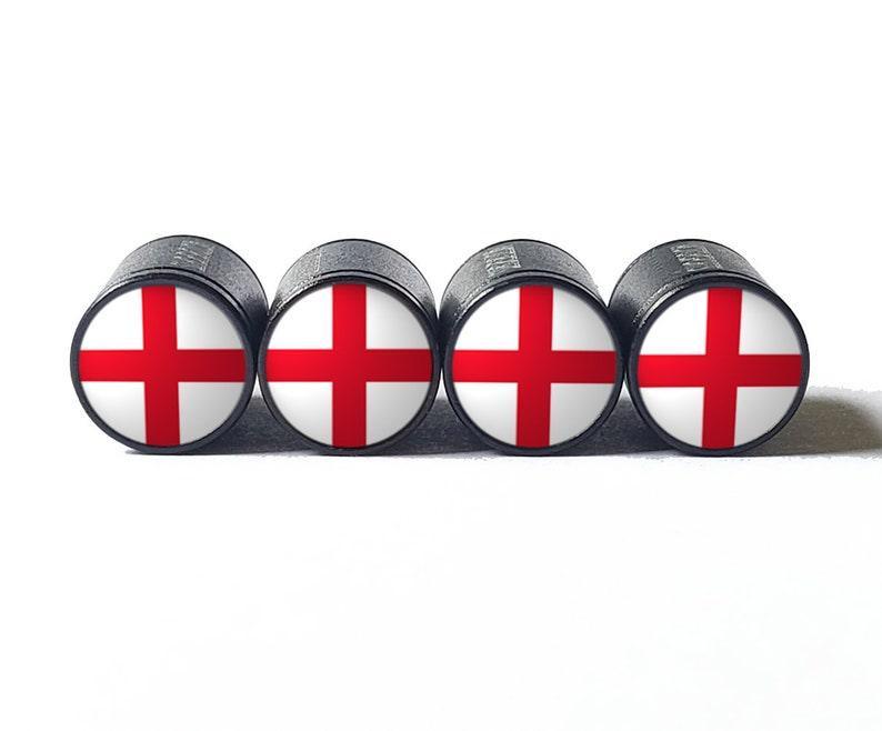 England Flag Tire Valve Stem Caps - Black Aluminum - Set of Four