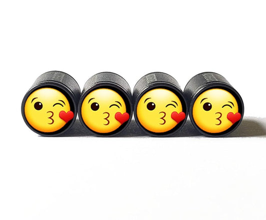 Face Blowing a Kiss Emoji Tire Valve Caps - Black Aluminum - Set of 4