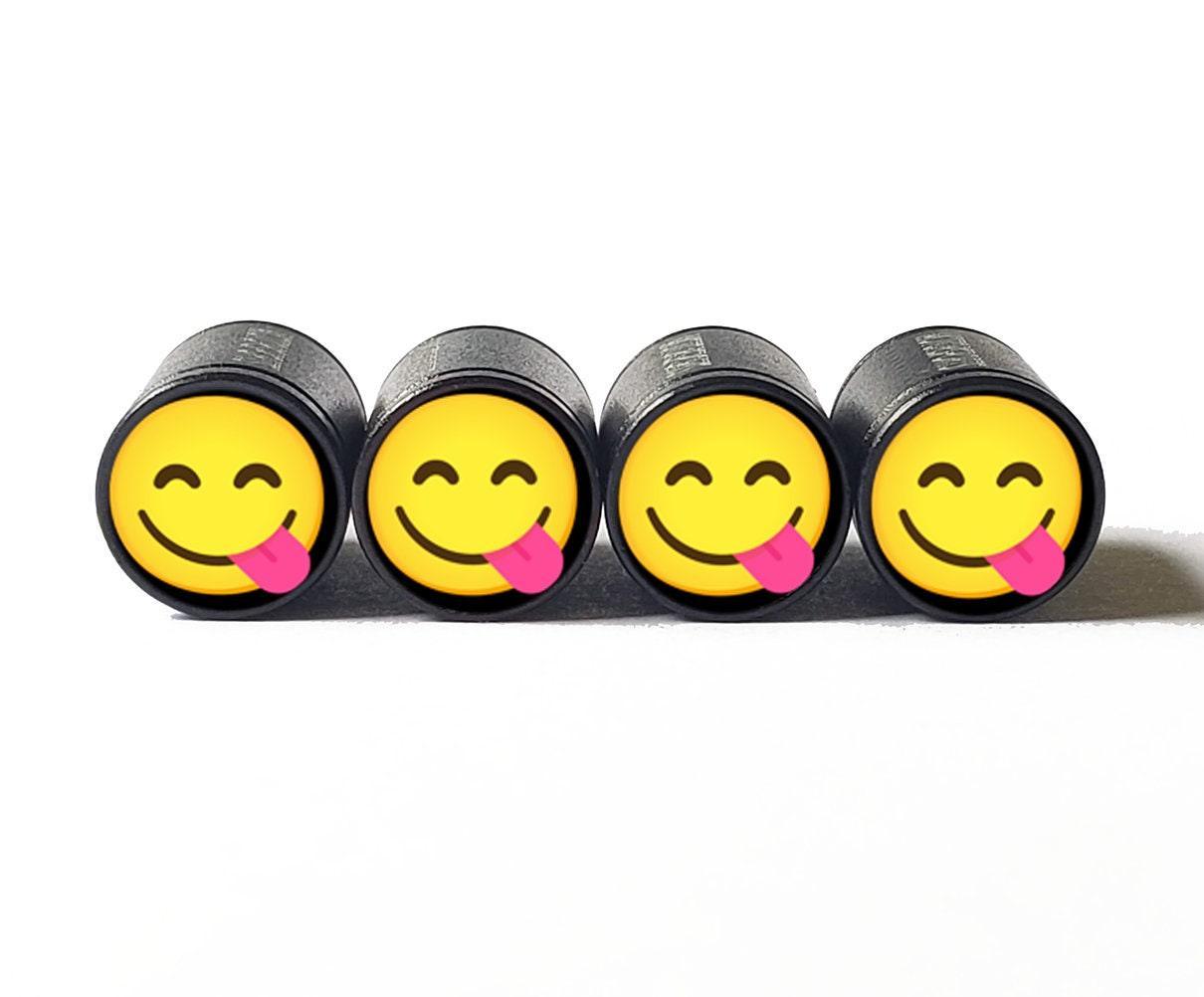 Face Savoring Food Emoji Tire Valve Caps - Black Aluminum - Set of Four