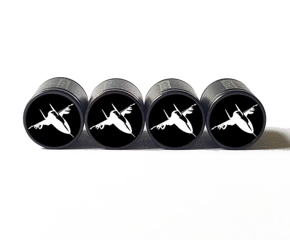 Fighter Jet Silhouette Tire Valve Caps - Black Aluminum - Set of Four