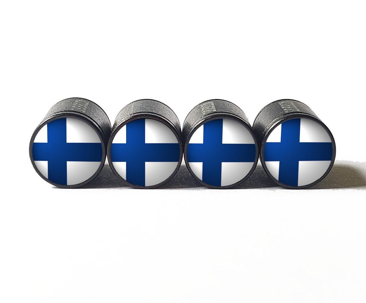 Finland Flag Tire Valve Stem Caps - Black Aluminum - Set of Four