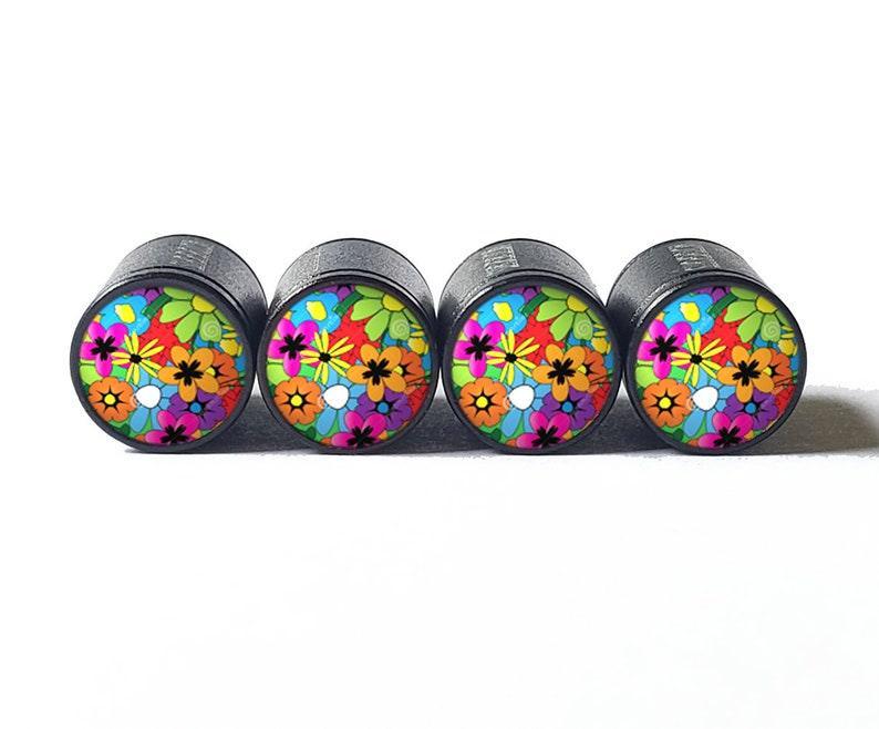 Flower Bouquet (Style 2) Tire Valve Caps - Black Aluminum - Set of 4