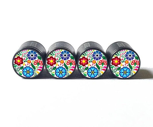 Flower Bouquet (Style 3) Tire Valve Caps - Black Aluminum - Set of 4