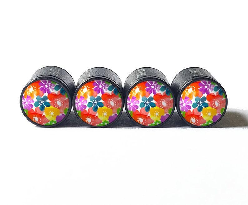 Flower Bouquet (Style 4) Tire Valve Caps - Black Aluminum - Set of 4