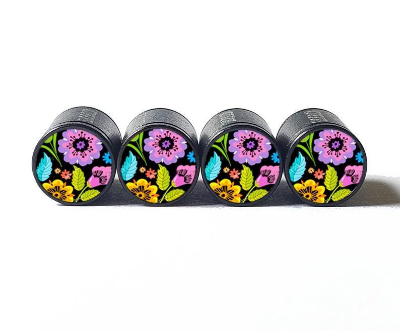 Flower Bouquet (Style 5) Tire Valve Caps - Black Aluminum - Set of 4