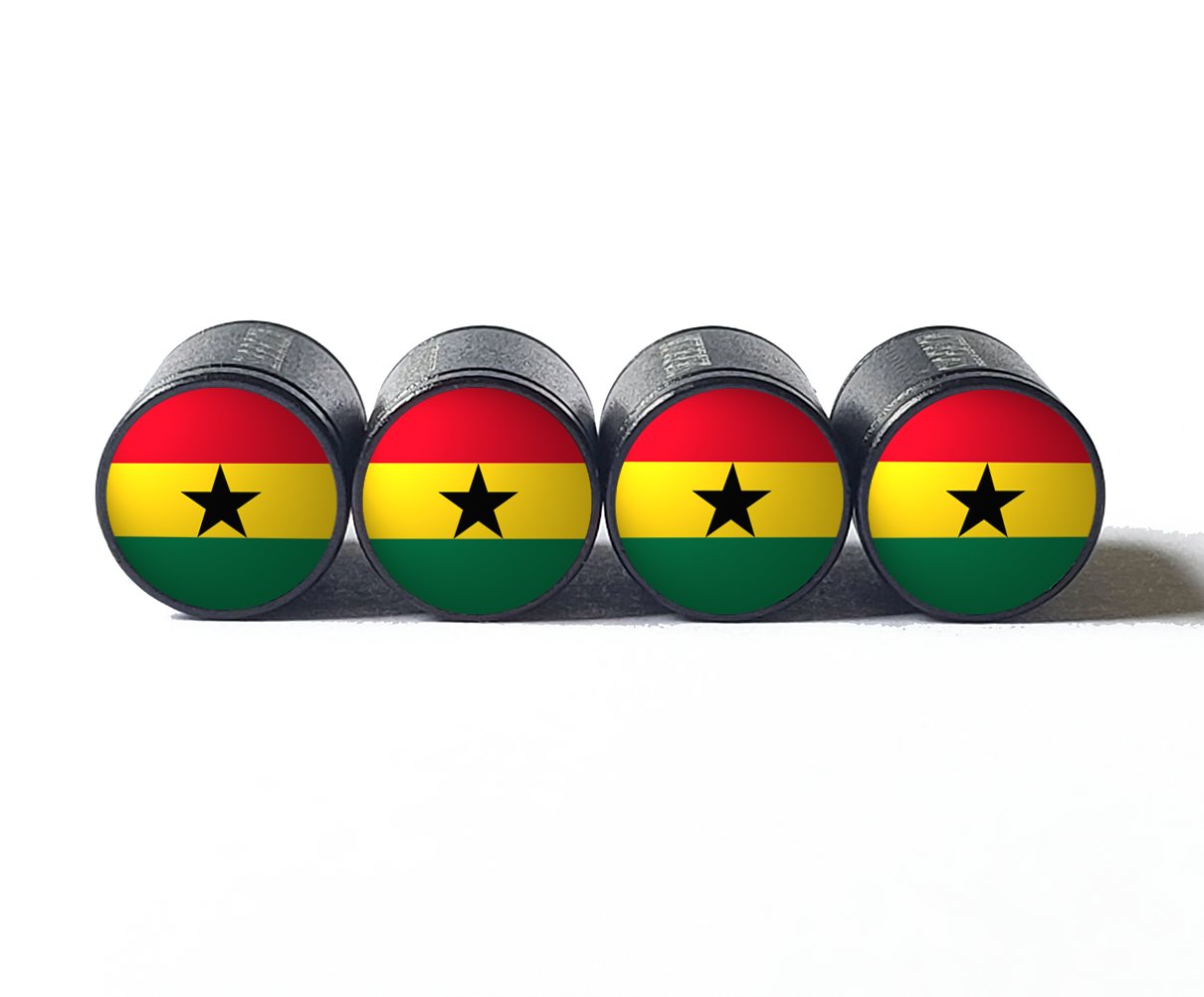 Ghana Flag Tire Valve Stem Caps - Black Aluminum - Set of Four