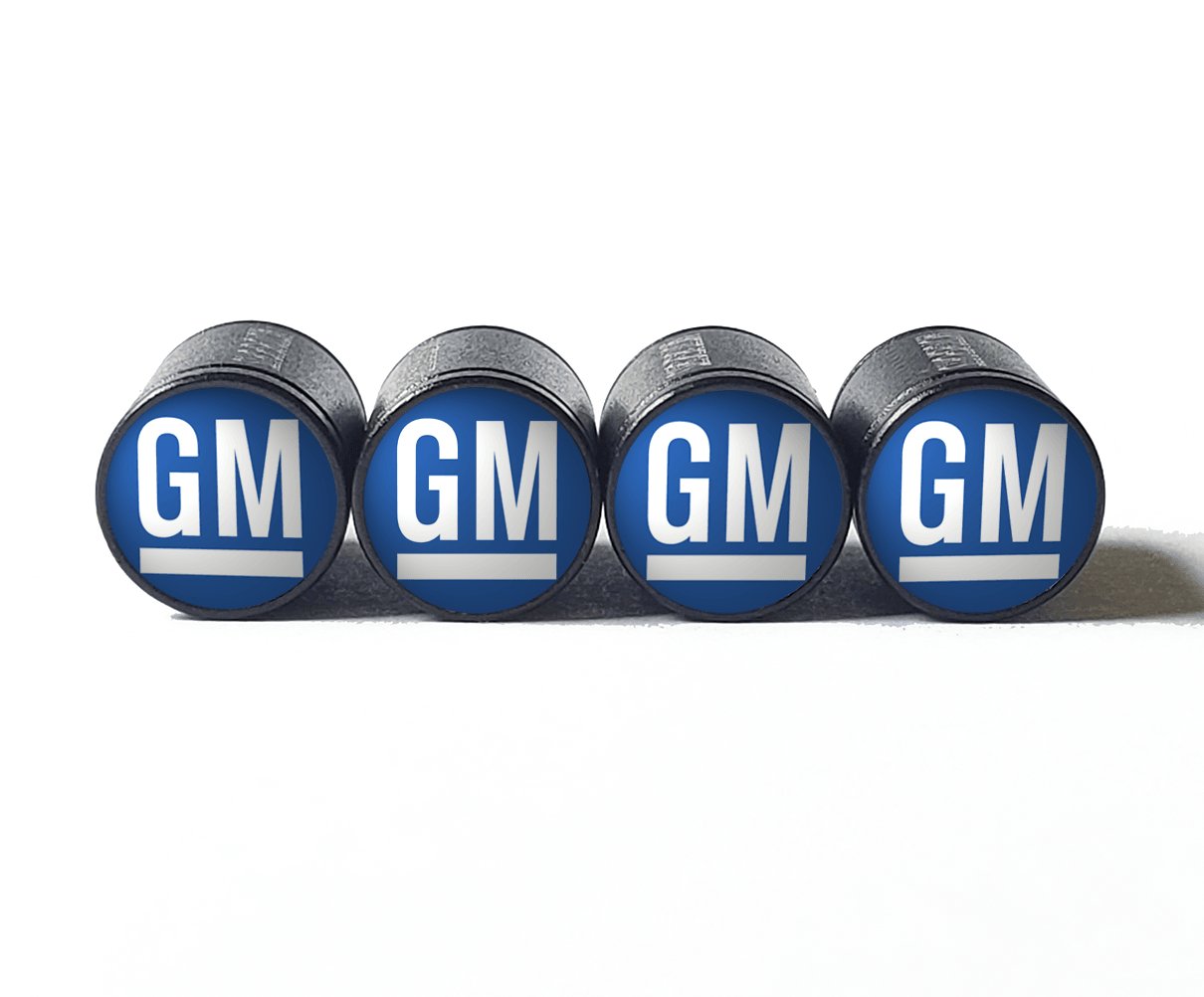 GM General Motors Logo Tire Valve Caps - Black Aluminum - Set of 4