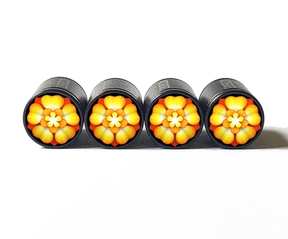 Golden Flower Blossom Emoji Tire Valve Caps - Aluminum - Set of Four