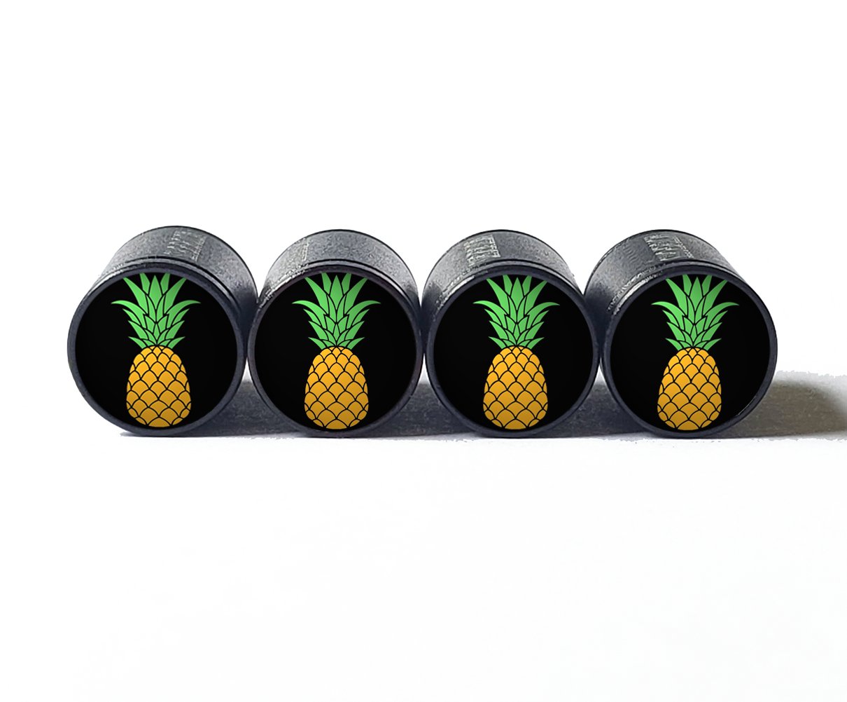 Golden Pineapple Tire Valve Caps - Black Aluminum - Set of Four