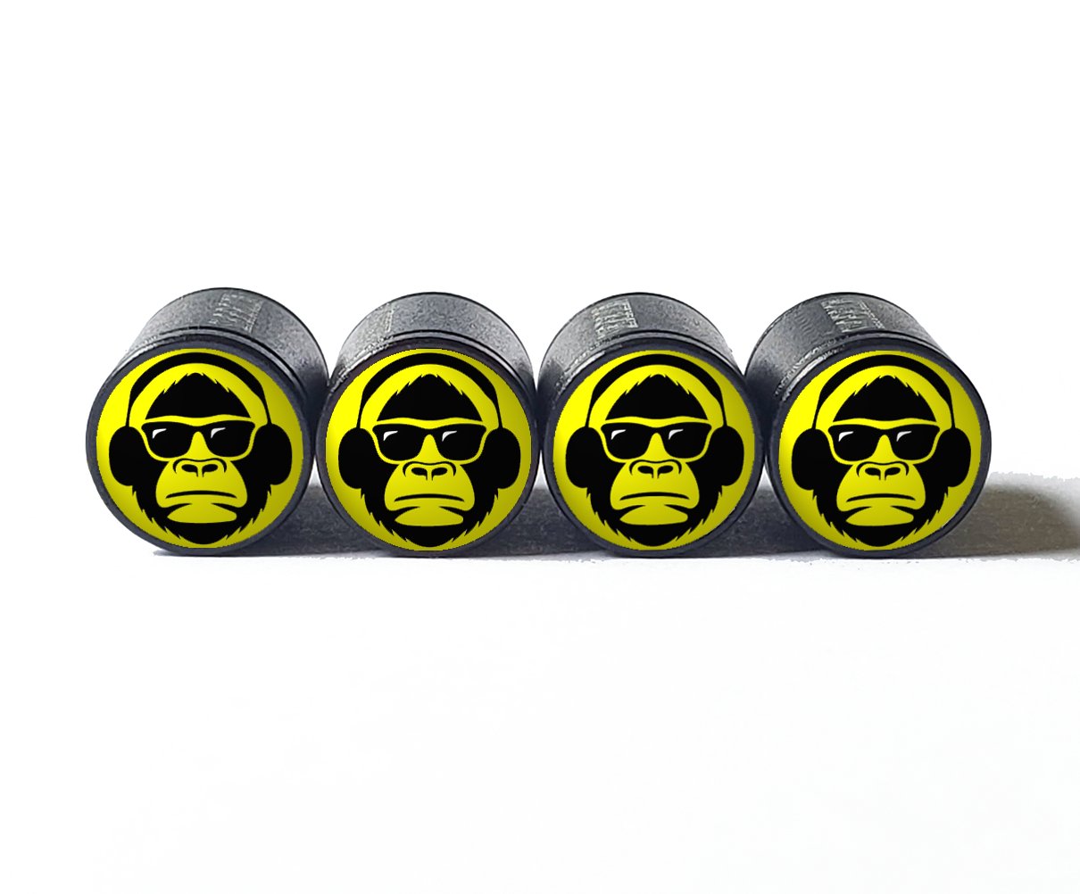 Gorilla Ape with Headphones Tire Valve Caps - Black Aluminum - Set of Four