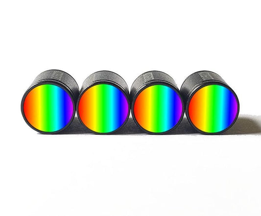 Gradient Rainbow Tire Valve Caps - Black Aluminum - Set of Four