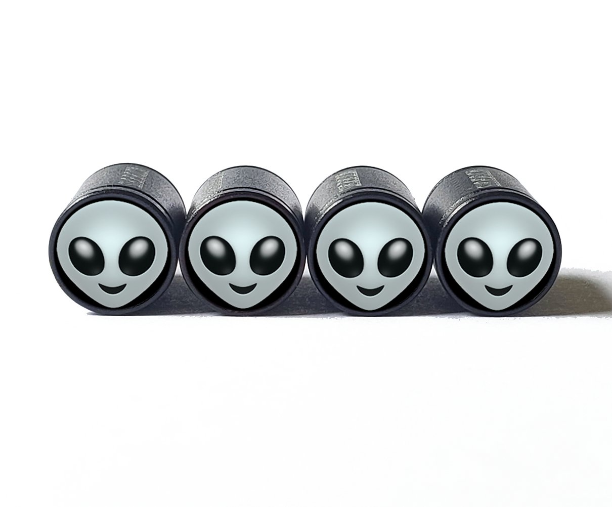 Gray Alien Emoji Tire Valve Caps - Black Aluminum - Set of Four