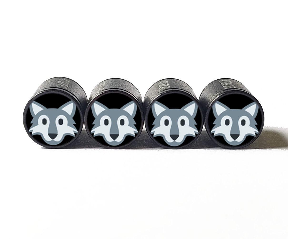 Gray Fox Face Emoji Tire Valve Caps - Black Aluminum - Set of Four