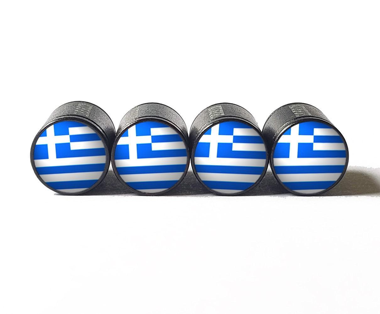 Greece Flag Tire Valve Stem Caps - Black Aluminum - Set of Four