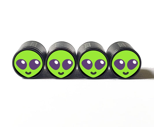 Green Alien Emoji Tire Valve Caps - Black Aluminum - Set of Four