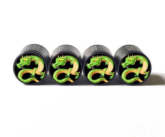 Green Dragon Emoji Tire Valve Caps - Black Aluminum - Set of Four