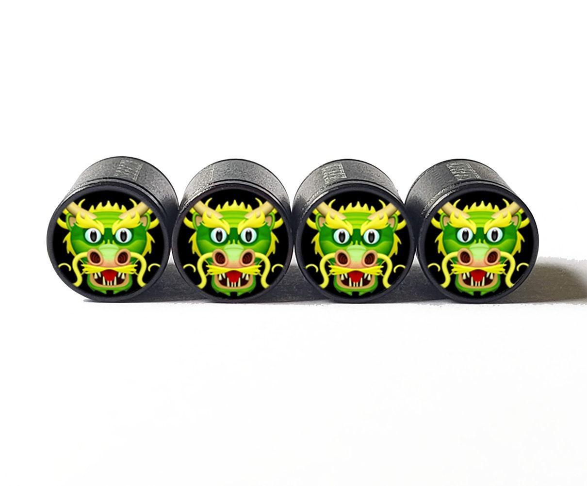 Green Dragon Face Tire Valve Caps - Black Aluminum - Set of Four