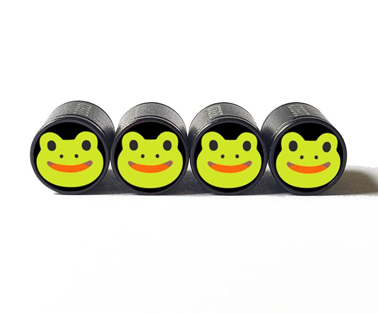 Green Frog Face Emoji Tire Valve Caps - Black Aluminum - Set of Four