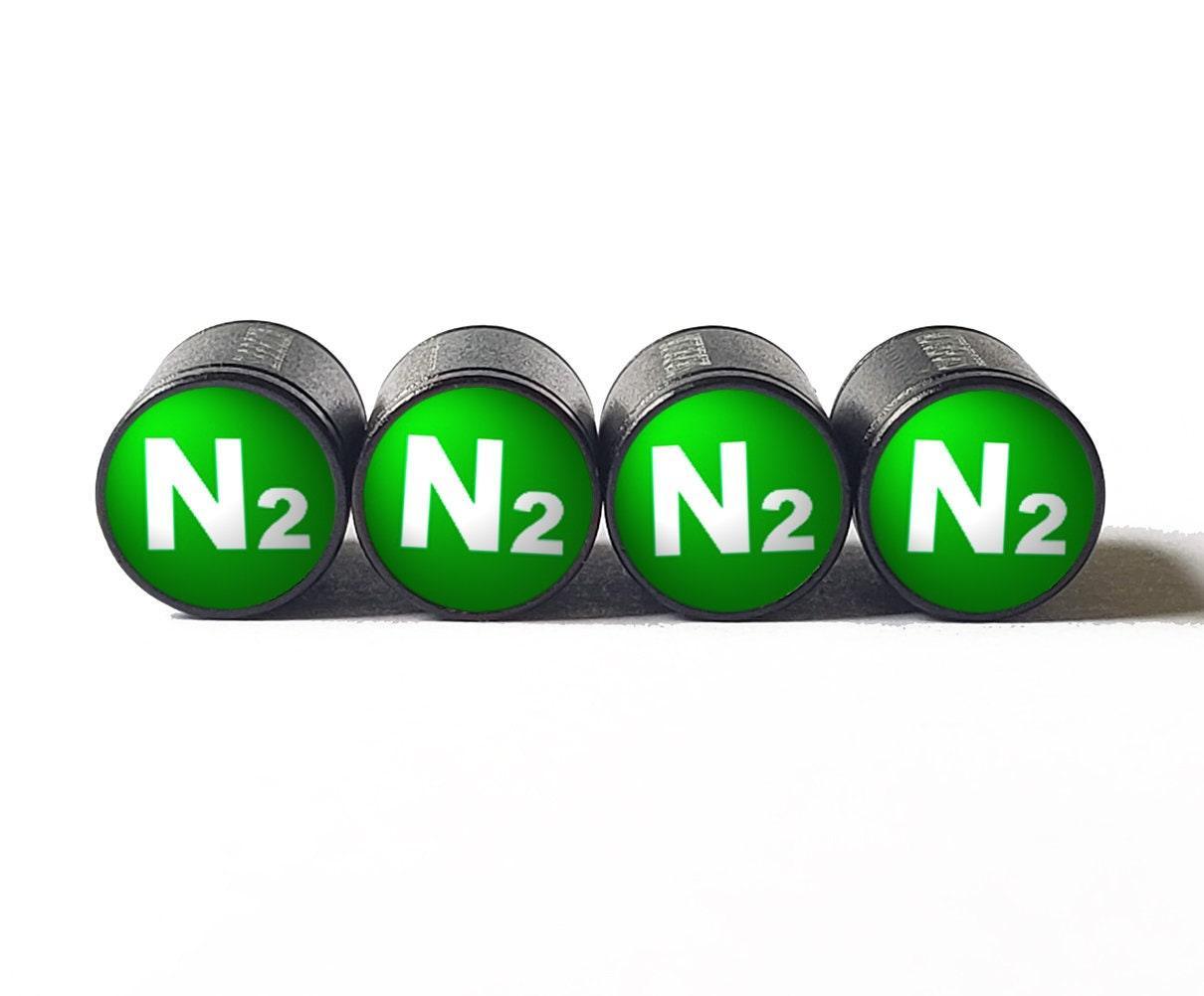 Green N2 Nitrogen Tire Valve Stem Caps - Black Aluminum - Type 1