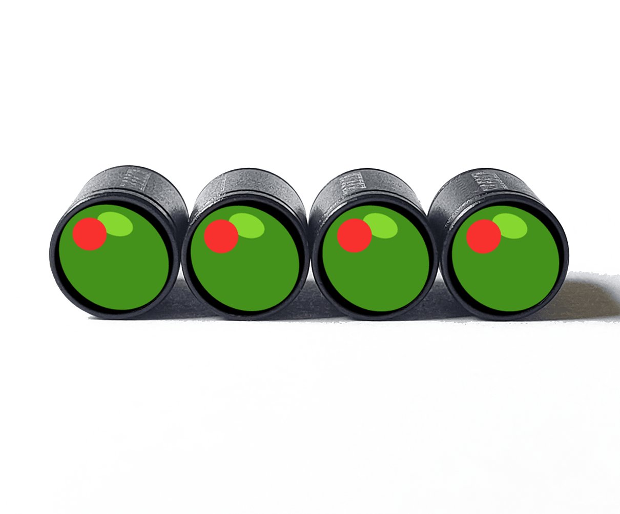 Green Olive Emoji Tire Valve Caps - Black Aluminum - Set of Four