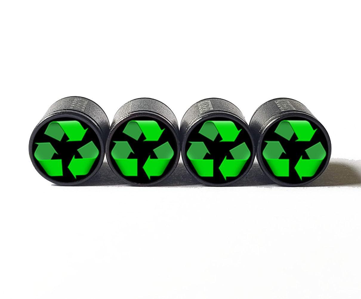 Green Recycle Emoji Tire Valve Caps - Black Aluminum - Set of Four