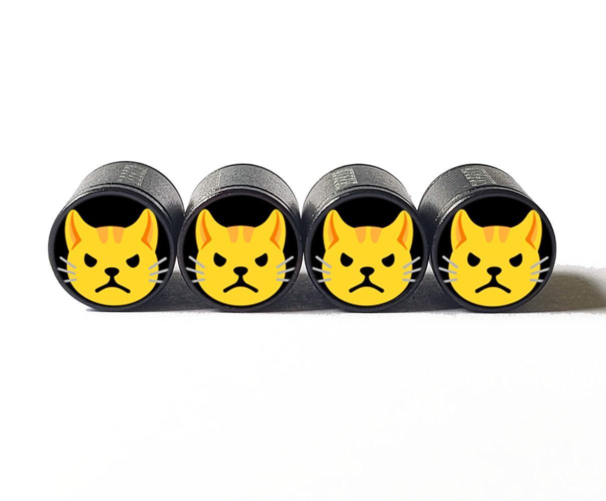 Grumpy Angry Cat Face Emoji Tire Valve Caps - Black Aluminum - Set of Four