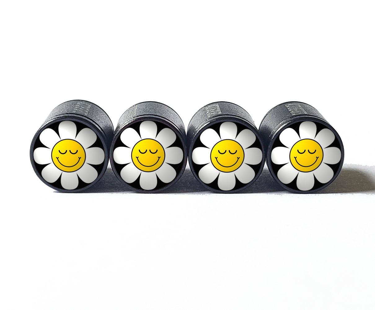 Happy Flower Face Tire Valve Caps - Black Aluminum - Set of Four