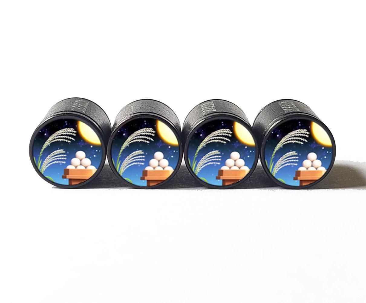 Harvest Moon Emoji Tire Valve Caps - Black Aluminum - Set of Four