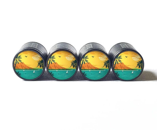 Hawaii Coastline Illustration Tire Valve Caps - Aluminum - Set of 4