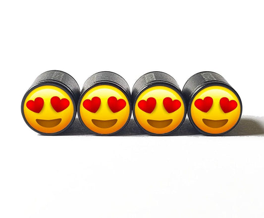 Heart Eyes Emoji Tire Valve Stem Caps - Black Aluminum - Set of Four