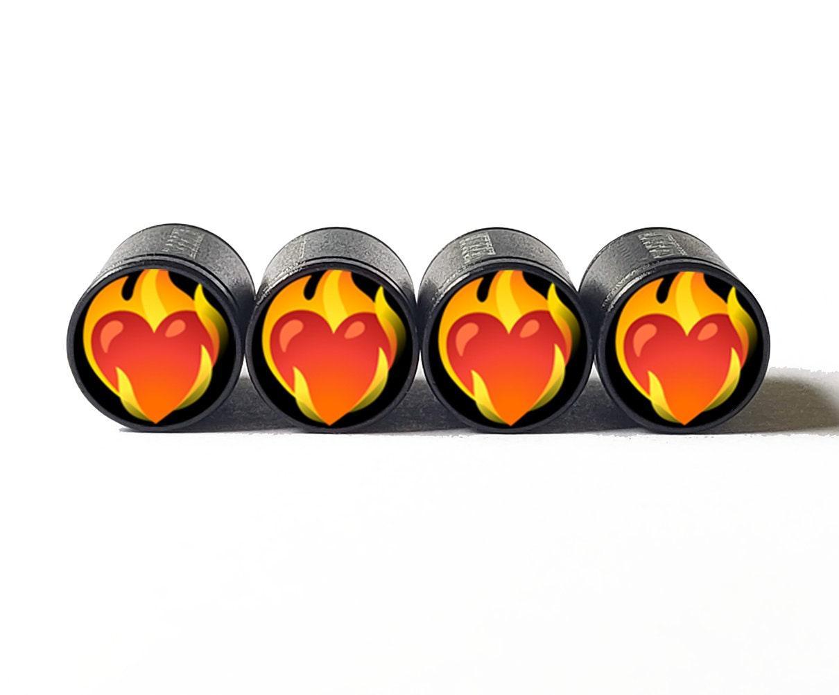 Heart on Fire Emoji Tire Valve Caps - Black Aluminum - Set of Four