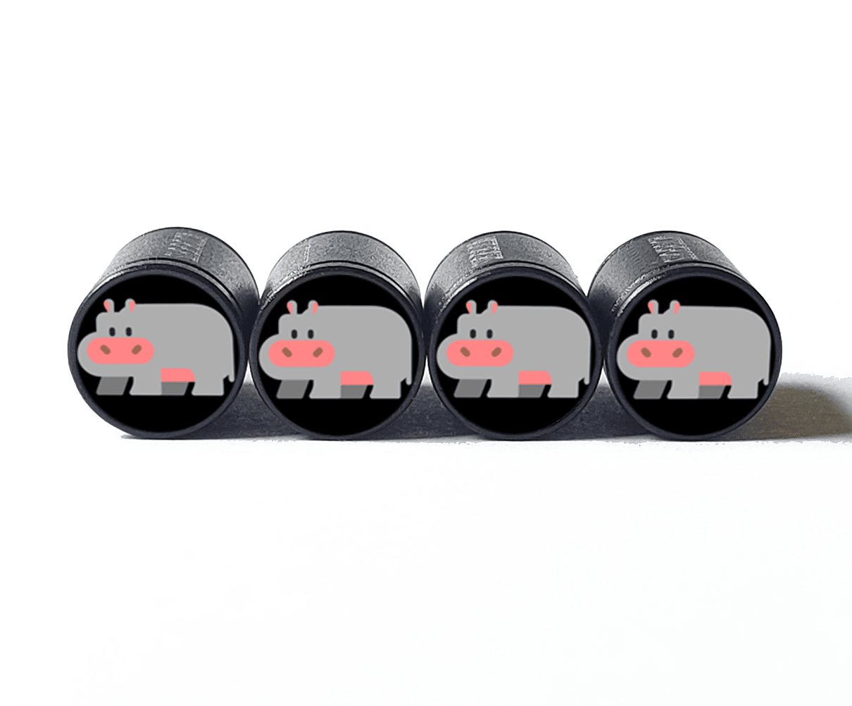 Hippo Hippopotamus Emoji Tire Valve Caps - Black Aluminum - Set of Four