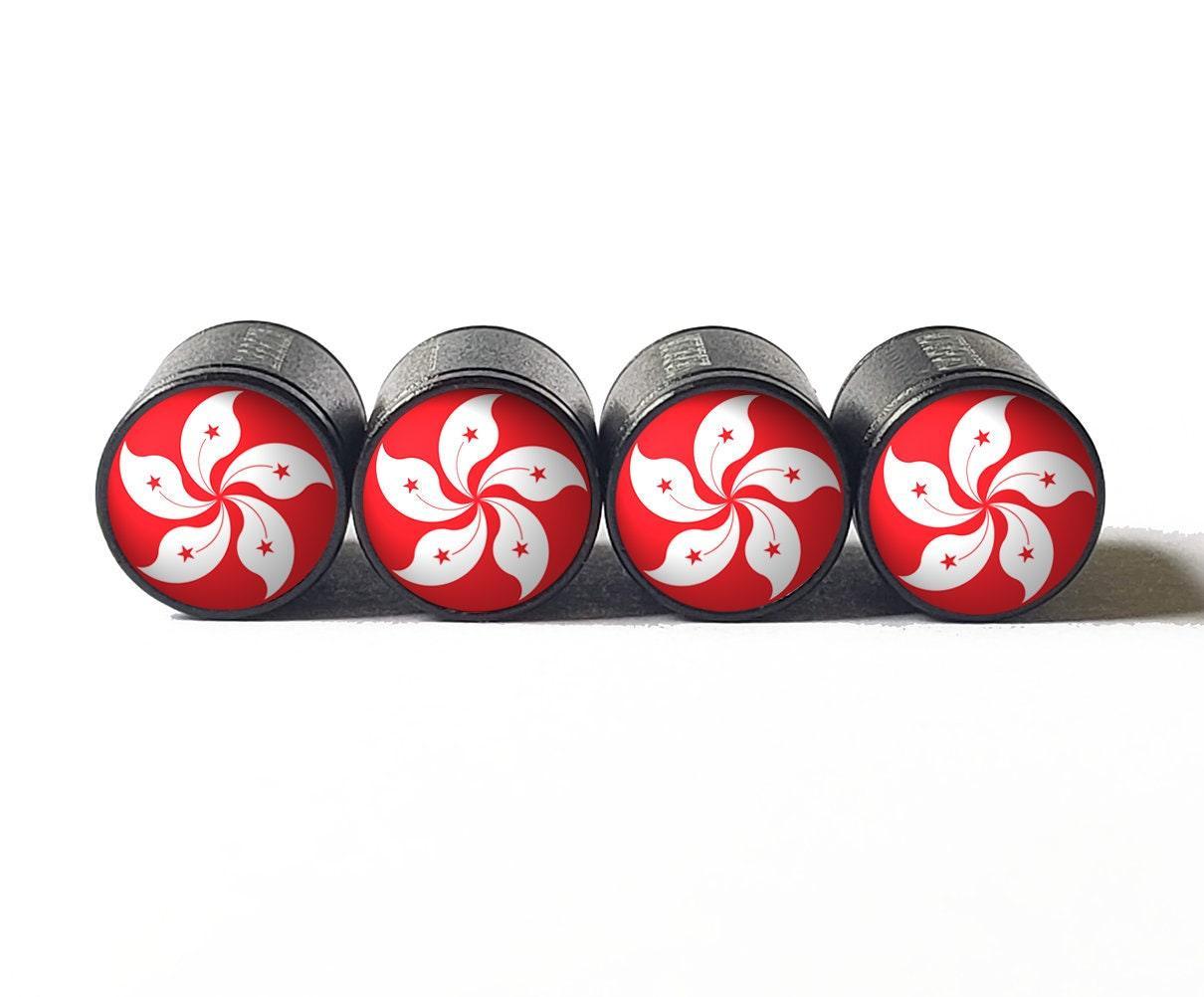 Hong Kong Flag Tire Valve Stem Caps - Black Aluminum - Set of Four