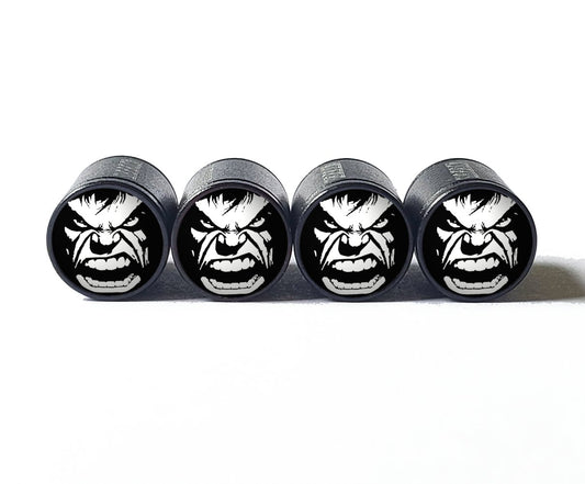 Hulk Face Tire Valve Stem Caps - Black Aluminum - Set of Four