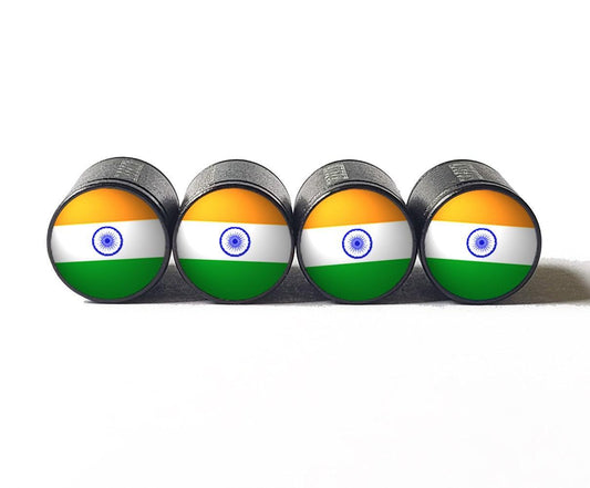 India Flag Tire Valve Stem Caps - Black Aluminum - Set of Four