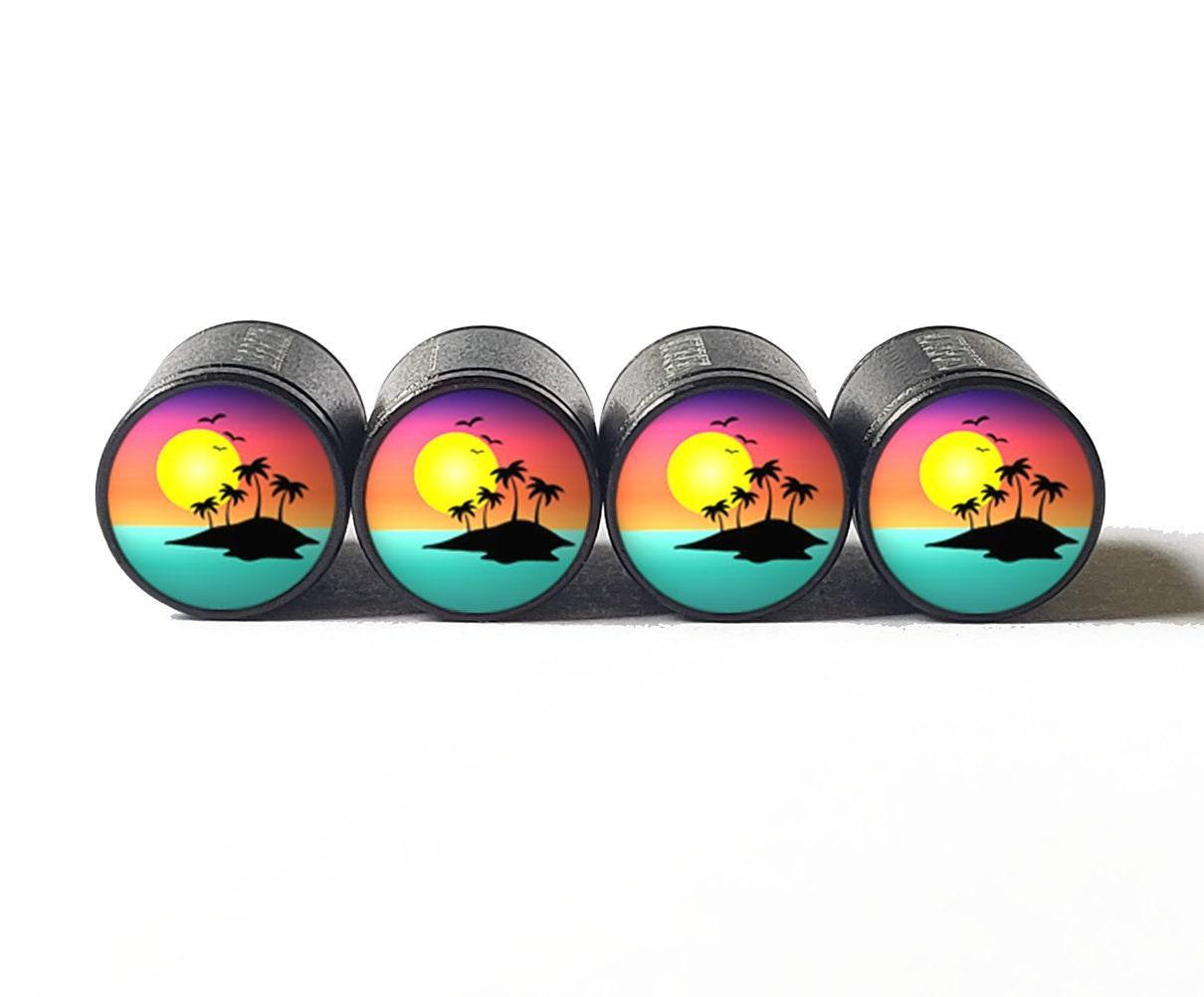 Island Paradise Sunset Tire Valve Caps - Black Aluminum - Set of Four