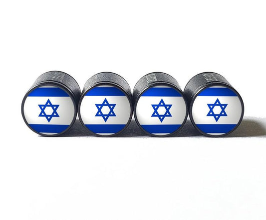 Israel Flag Tire Valve Stem Caps - Black Aluminum - Set of Four